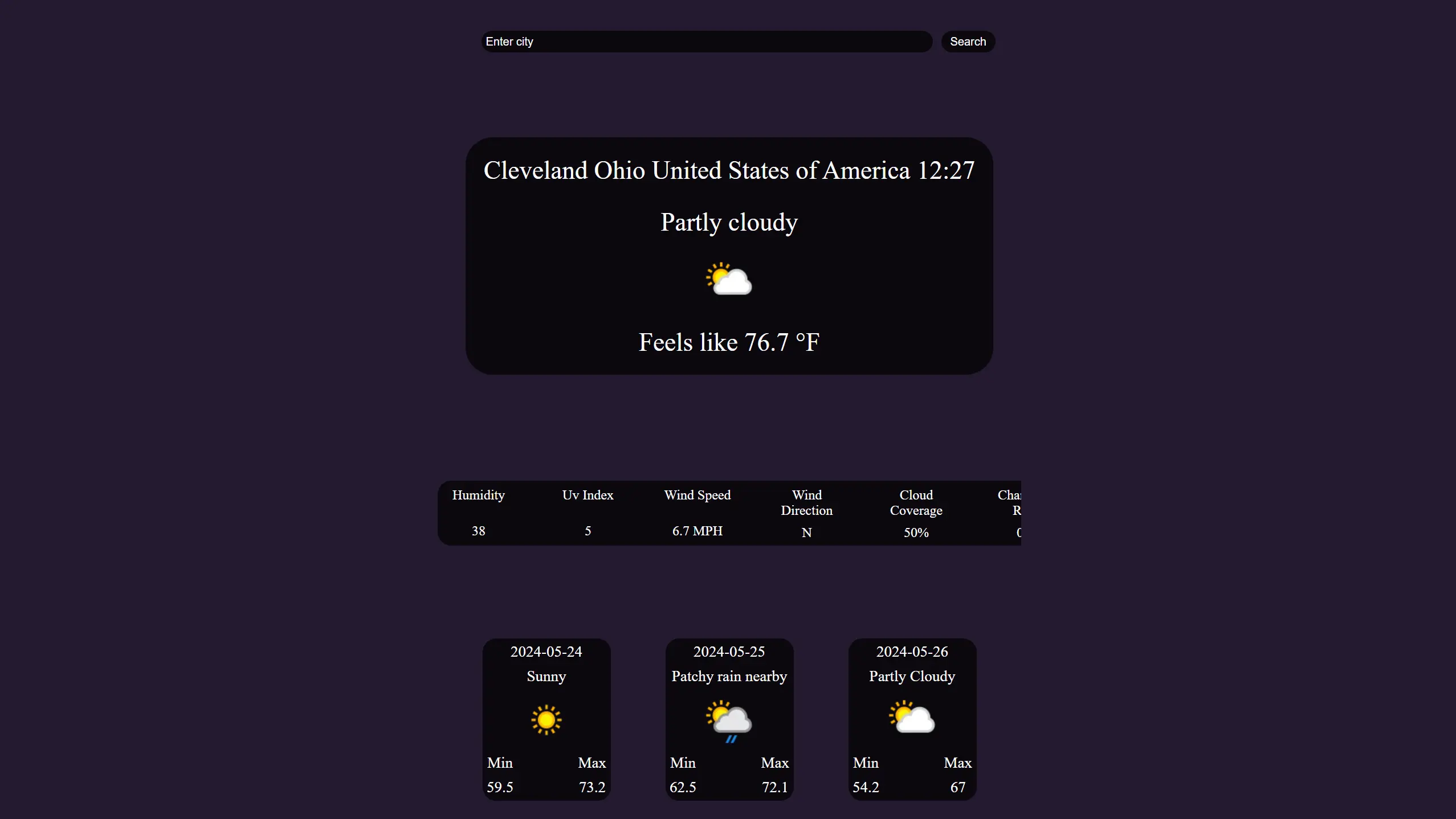 screen shot of weather app